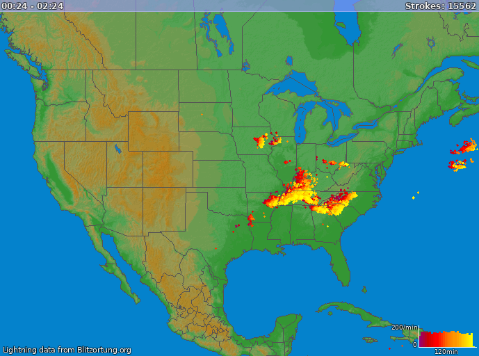 Lightning map USA 2024-02-25 01:10:03